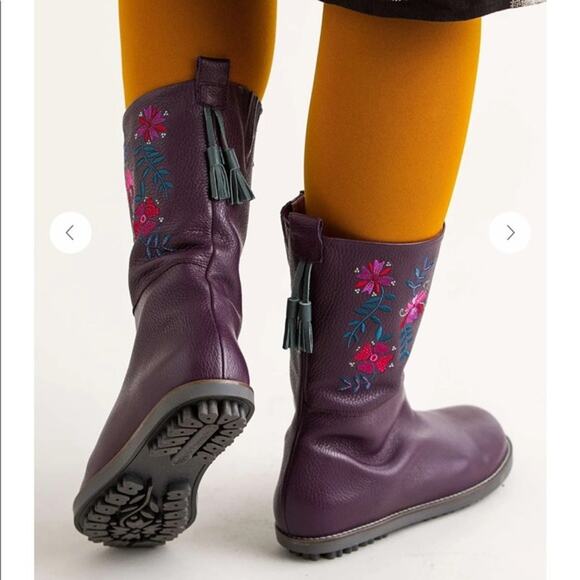 Gudrun Sjoden Purple Leather Boot Floral Embroidery Shabby Chic Boho Lagenlook - Picture 8 of 14